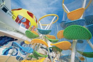 MA, Mariner of the Seas, ID, Independence of the Seas, Sky Climber, Hammocks, Sky Pad, vertical shot, POV looking up toward Sky Pad, close to Sky Climber below,
